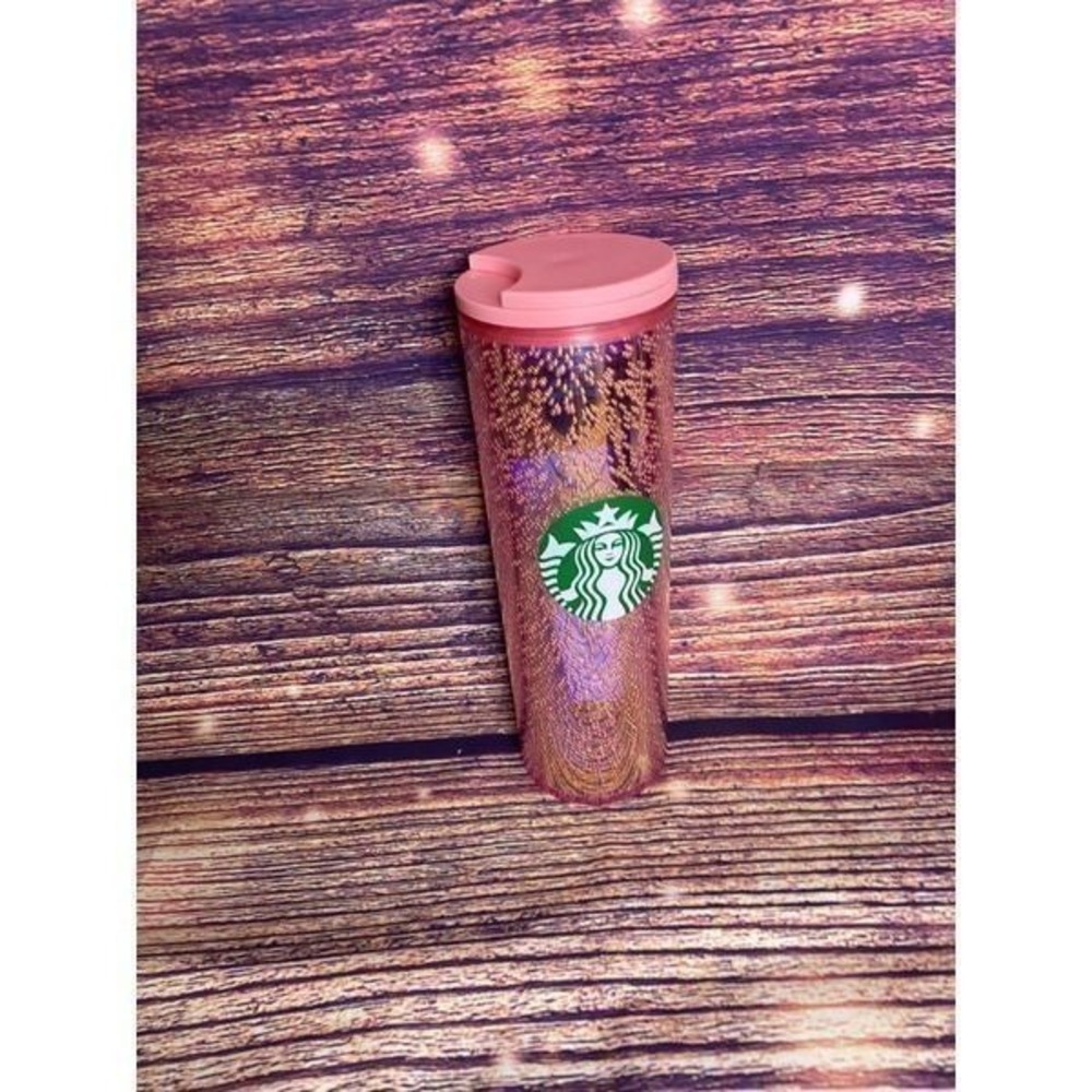 Starbucks Pink Purple Peacock Feather Glitter Tumbler Reusable Cold Cup Lid 24oz